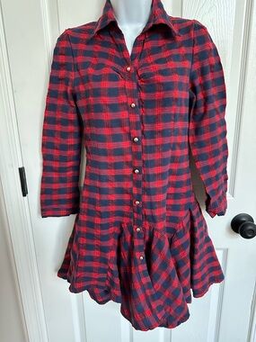 Source Unknown Red and Navy Plaid Button-Front Long Sleeve Dress